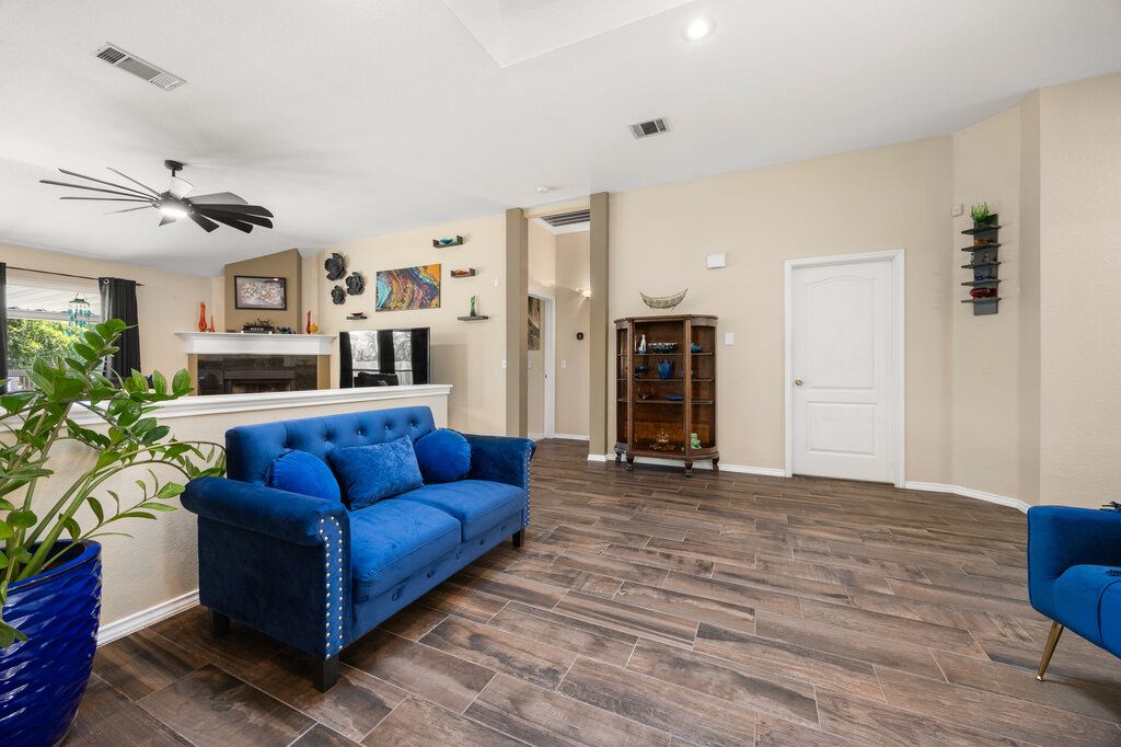 Fireplace, Interior, Recessed Lighting, Wood Texture Flooring