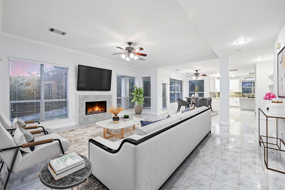 Dining room, Fireplace, Interior, Living room, Marble, Recessed Lighting