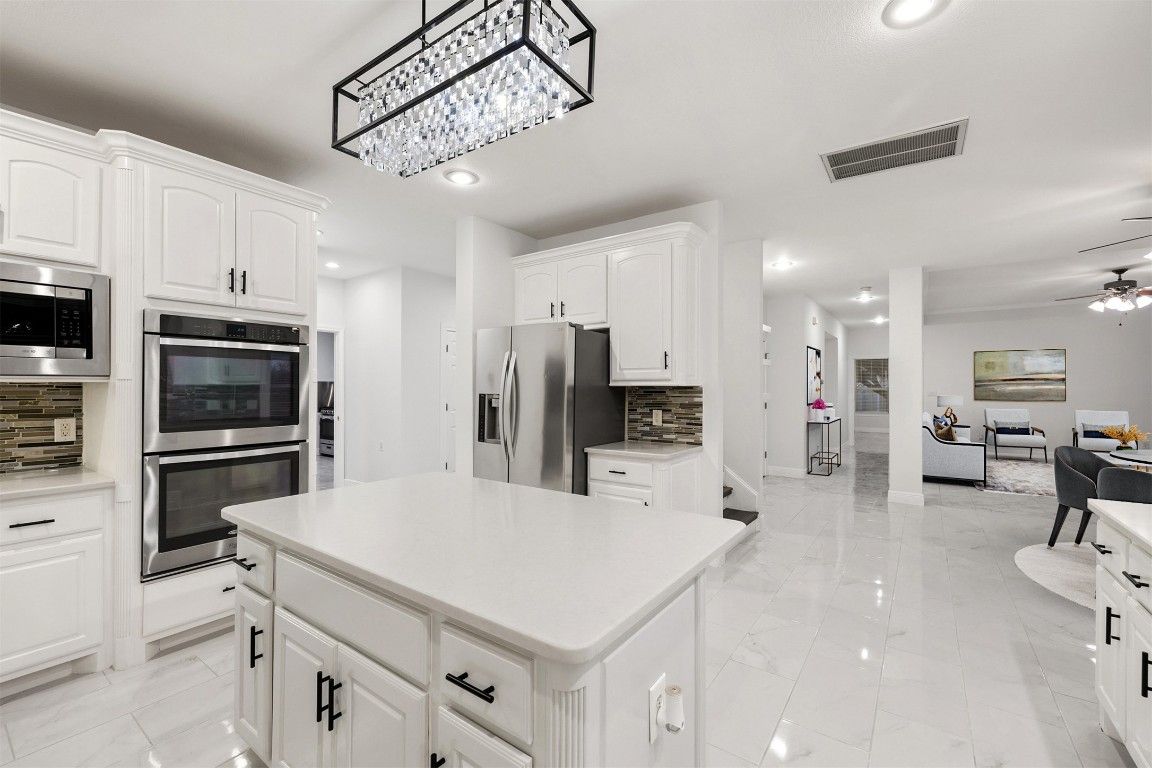 Interior, Kitchen, Living room, Marble, Recessed Lighting, Stainless Steel Appliances