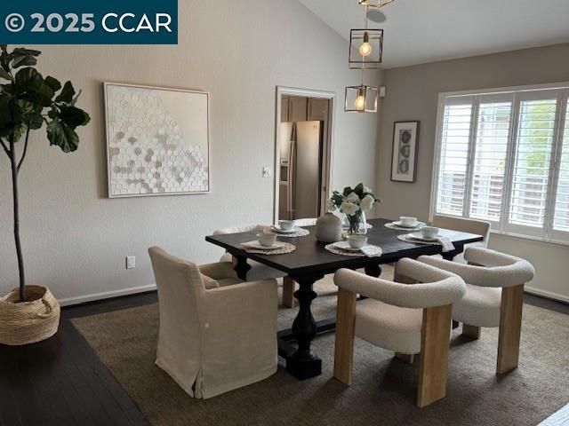 Dining room, Interior, Pendant Lights, Wood Texture Flooring
