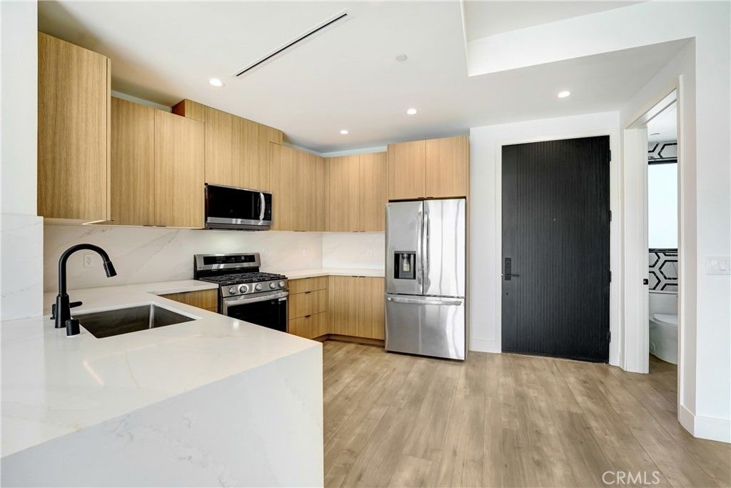 Interior, Kitchen, Recessed Lighting, Stainless Steel Appliances, Wood Texture Flooring