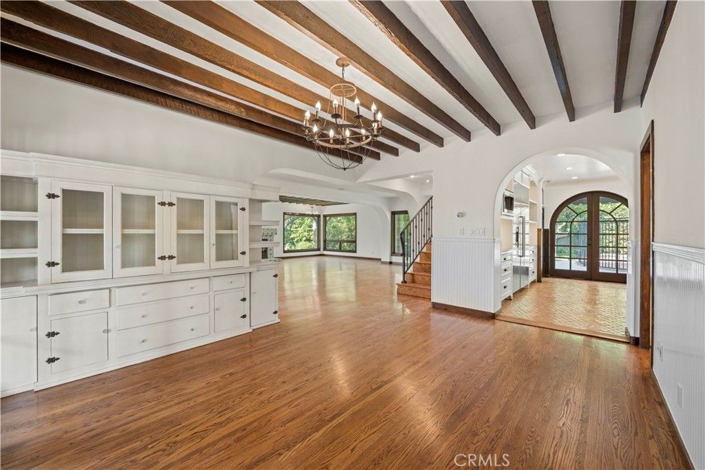 Chandelier, Empty room, Interior, Recessed Lighting, Wooden Beams, Wood Texture Flooring