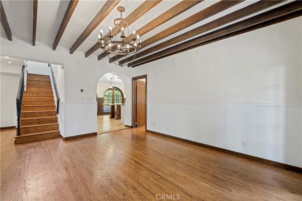 Chandelier, Empty room, Interior, Recessed Lighting, Wooden Beams, Wood Texture Flooring
