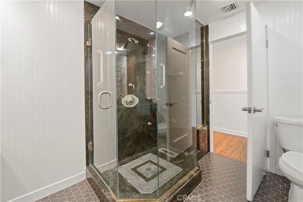Bathroom, Glass Shower, Interior, Recessed Lighting, Wood Texture Flooring