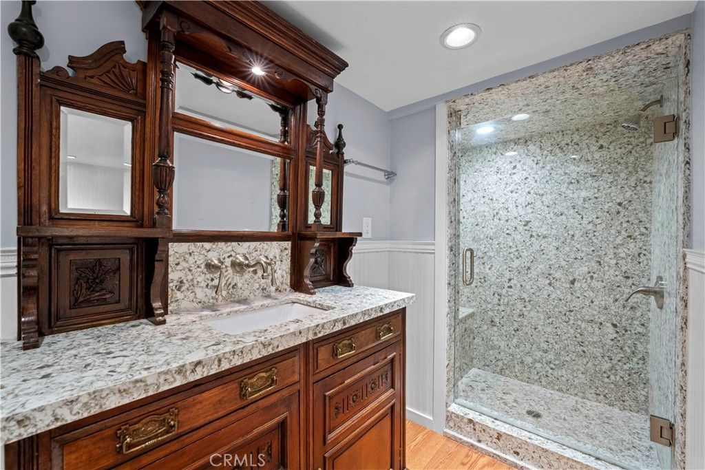 Bathroom, Glass Shower, Interior, Recessed Lighting, Wood Texture Flooring