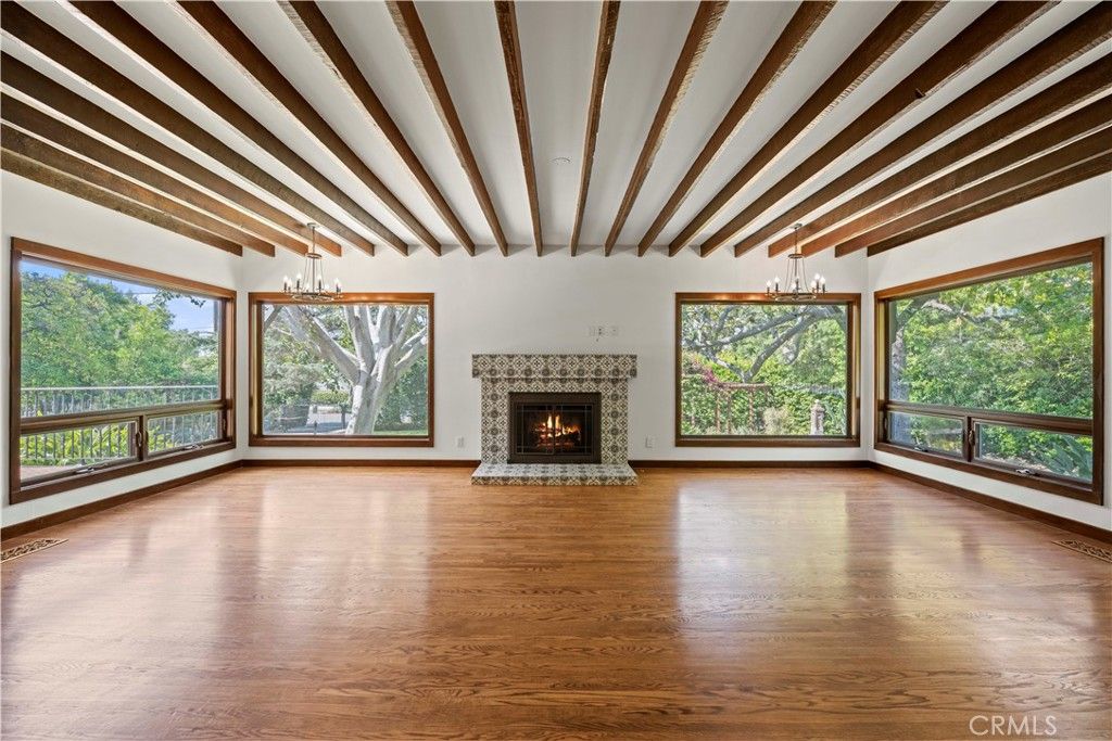 Empty room, Fireplace, Interior, Pendant Lights, Wooden Beams, Wood Texture Flooring