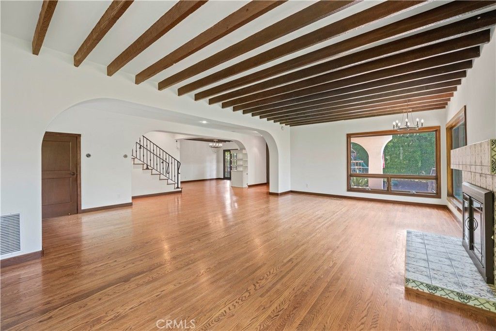 Empty room, Fireplace, Interior, Pendant Lights, Wooden Beams, Wood Texture Flooring