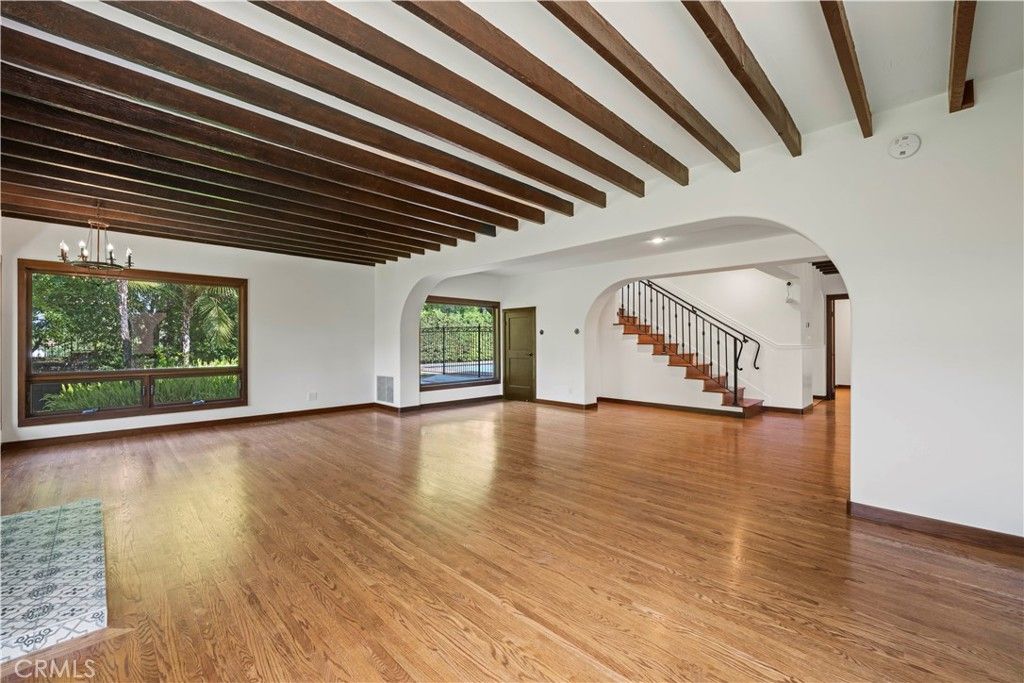 Empty room, Interior, Pendant Lights, Recessed Lighting, Wooden Beams, Wood Texture Flooring