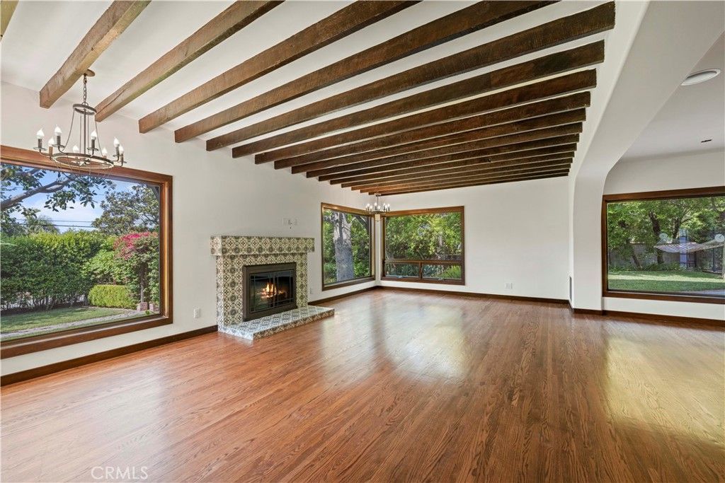 Chandelier, Empty room, Fireplace, Interior, Pendant Lights, Wooden Beams, Wood Texture Flooring