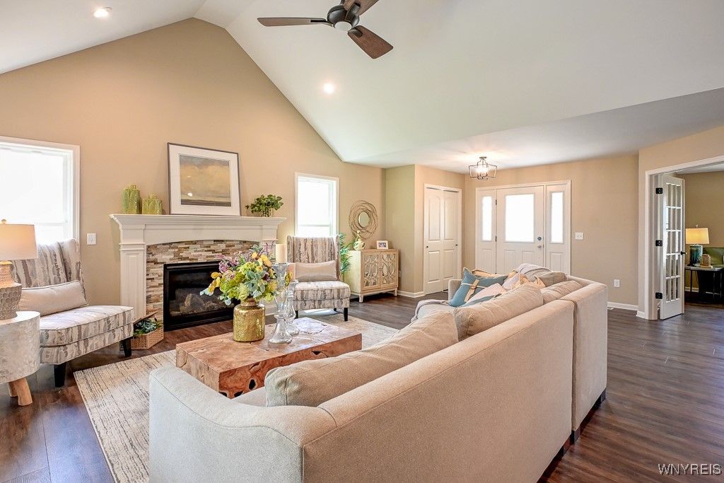 Fireplace, Interior, Living room, Recessed Lighting, Wood Texture Flooring