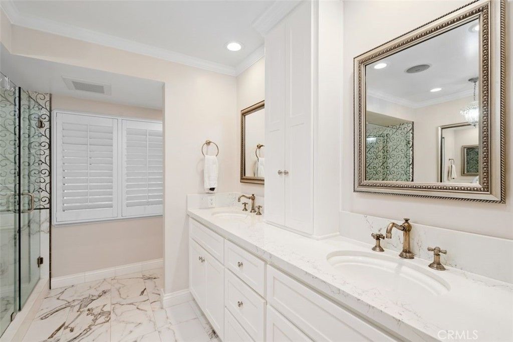 Bathroom, Dual Sink Vanities, Glass Shower, Interior, Marble, Recessed Lighting