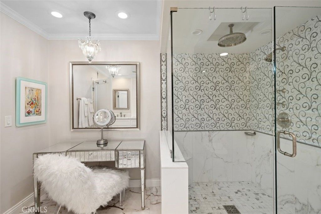 Bathroom, Chandelier, Glass Shower, Interior, Marble Walls, Pendant Lights, Recessed Lighting