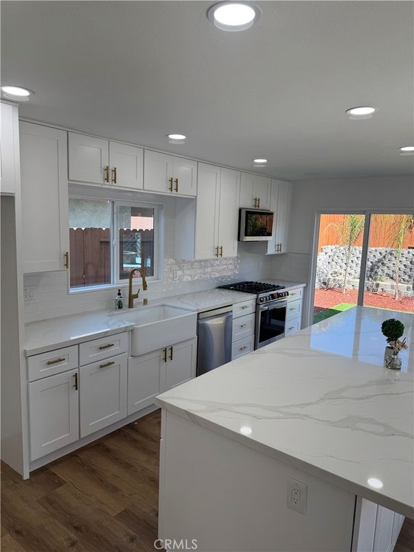 Interior, Kitchen, Recessed Lighting, Stainless Steel Appliances, Wood Texture Flooring