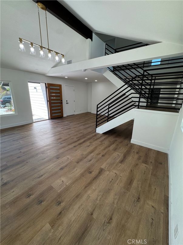 Empty room, Interior, Pendant Lights, Recessed Lighting, Wood Texture Flooring