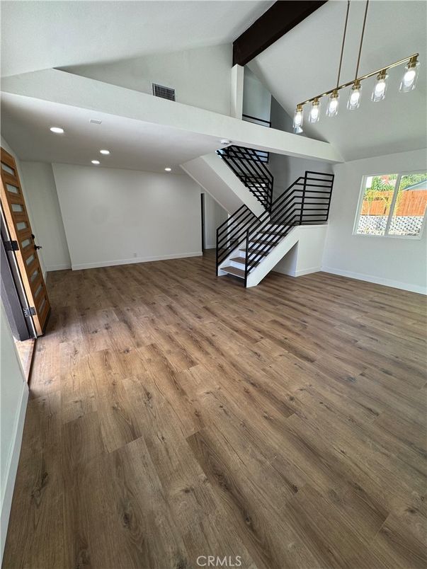 Empty room, Interior, Pendant Lights, Recessed Lighting, Wood Texture Flooring
