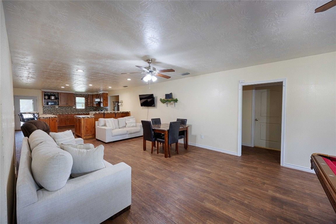 Dining room, Interior, Kitchen, Living room, Recessed Lighting, Wood Texture Flooring