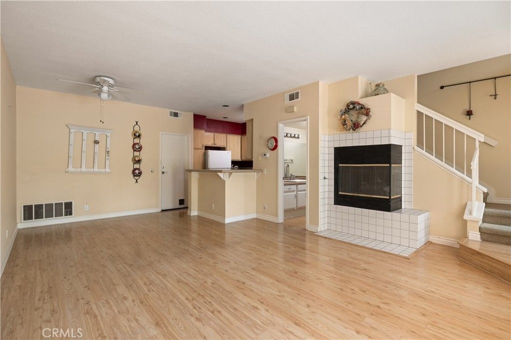 Empty room, Fireplace, Interior, Kitchen, Wood Texture Flooring