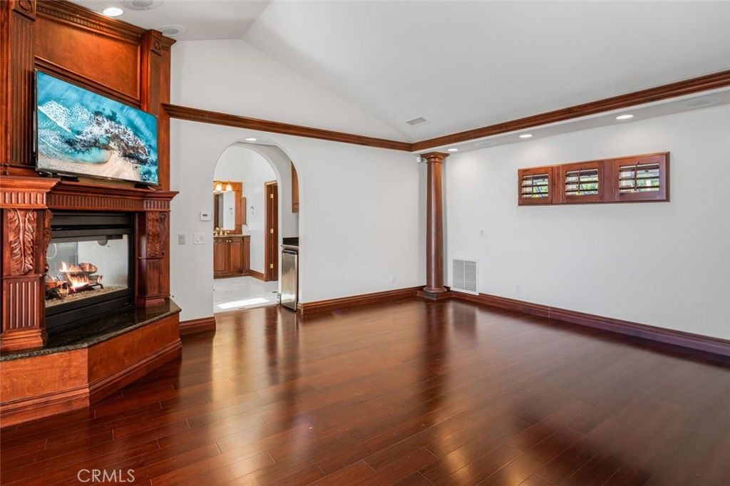 Empty room, Fireplace, Interior, Recessed Lighting, Wood Texture Flooring