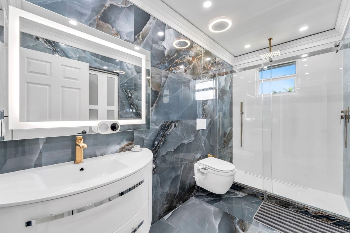 Bathroom, Glass Shower, Interior, Marble Walls, Recessed Lighting