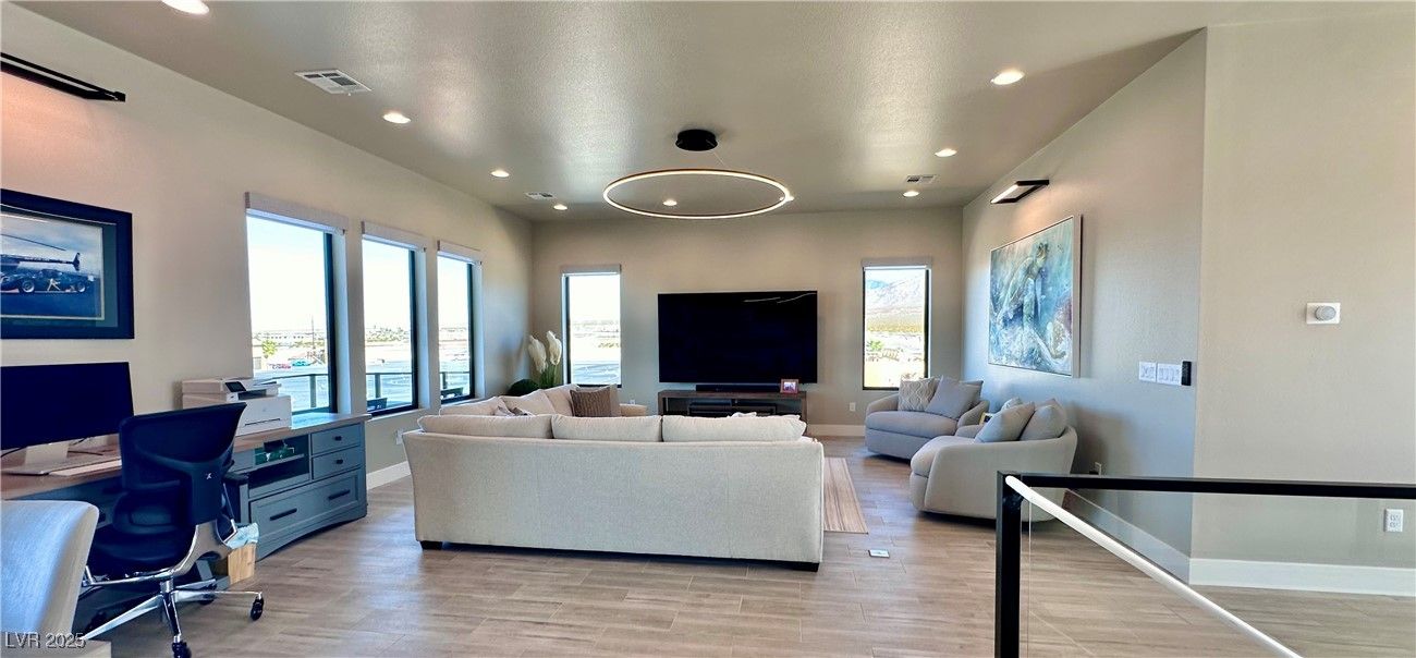 Home Office, Interior, Living room, Pendant Lights, Recessed Lighting, Wood Texture Flooring