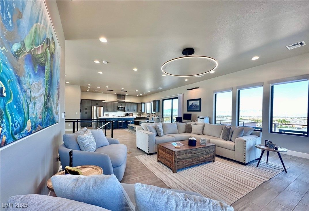 Interior, Kitchen, Living room, Pendant Lights, Recessed Lighting, Stainless Steel Appliances, Wood Texture Flooring