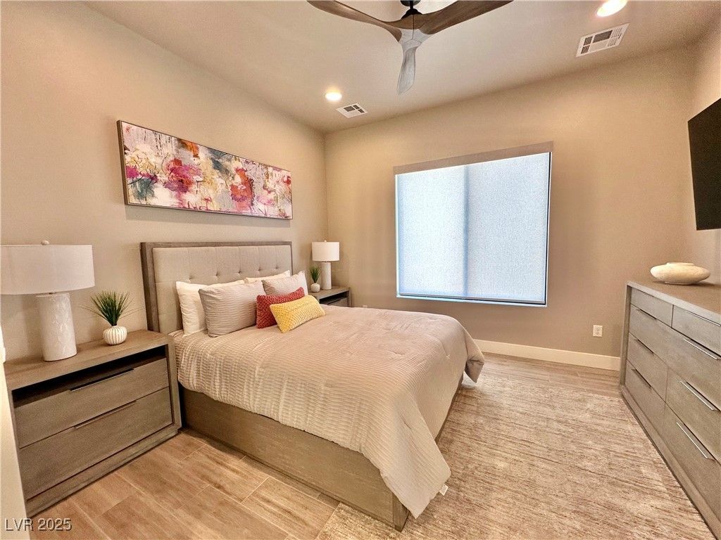 Bedroom, Interior, Recessed Lighting, Wood Texture Flooring