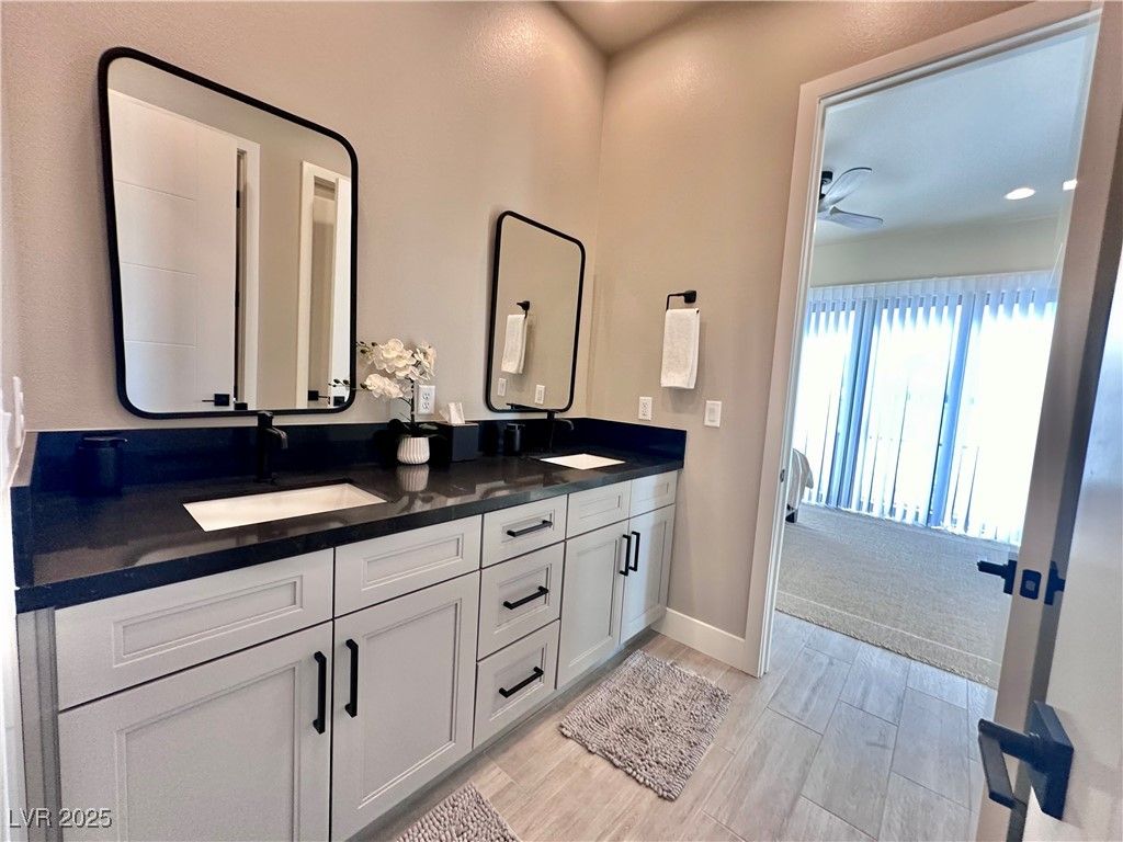 Bathroom, Dual Sink Vanities, Interior, Recessed Lighting, Wood Texture Flooring