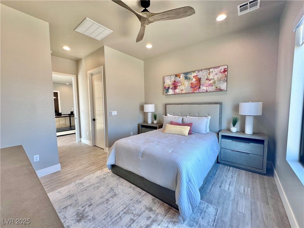 Bedroom, Interior, Recessed Lighting, Wood Texture Flooring
