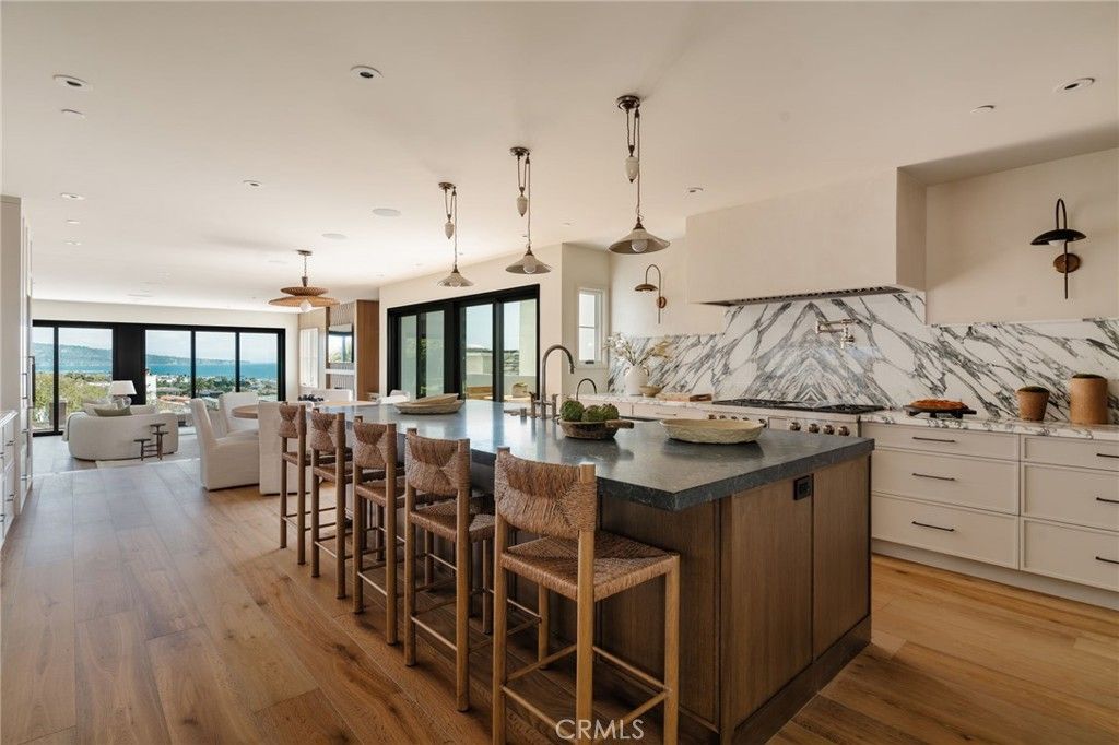 Interior, Kitchen, Living room, Marble Walls, Pendant Lights, Recessed Lighting, Water, Wood Texture Flooring