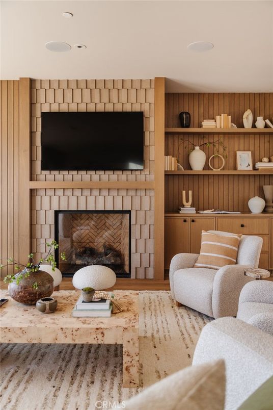 Fireplace, Interior, Living room, Recessed Lighting, Wooden Walls