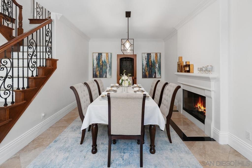Dining room, Fireplace, Interior, Pendant Lights