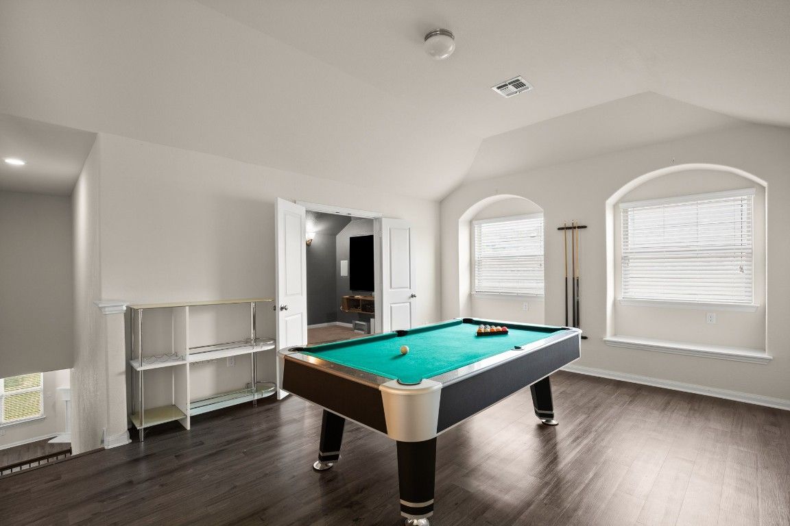 Billiard Table, Game Room, Interior, Recessed Lighting, Wood Texture Flooring