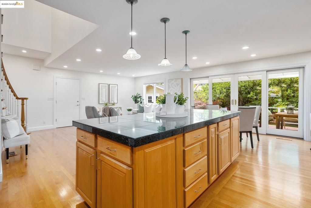 Dining room, Interior, Pendant Lights, Recessed Lighting, Wood Texture Flooring