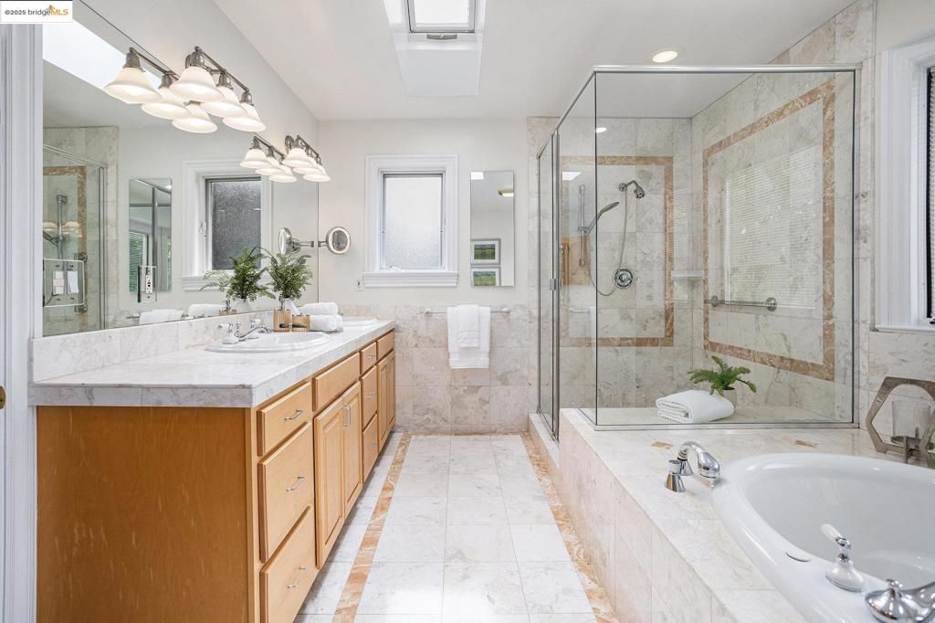 Bathroom, Dual Sink Vanities, Glass Shower, Interior, Marble, Recessed Lighting