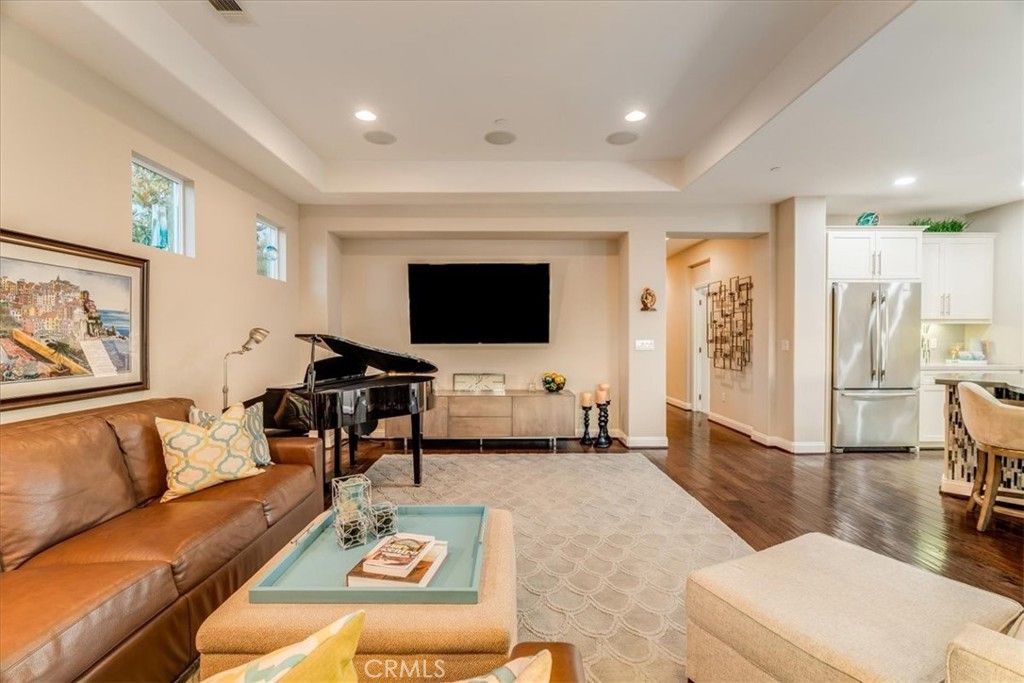 Interior, Kitchen, Living room, Piano, Recessed Lighting, Stainless Steel Appliances, Wood Texture Flooring