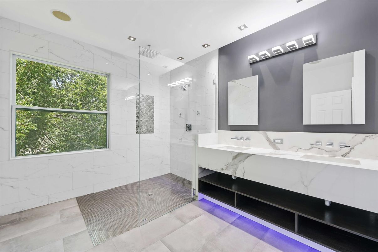 Bathroom, Dual Sink Vanities, Glass Shower, Interior, Marble Walls, Recessed Lighting