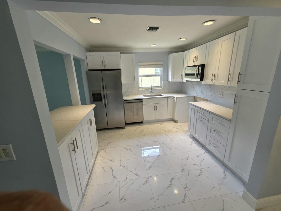 Interior, Kitchen, Marble, Recessed Lighting, Stainless Steel Appliances