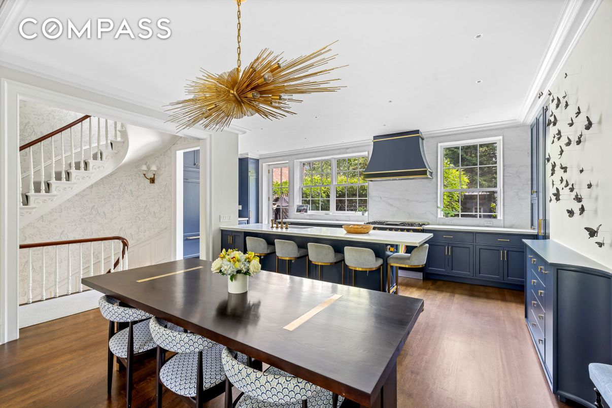 Interior, Kitchen, Marble Walls, Pendant Lights, Recessed Lighting, Stainless Steel Appliances, Wood Texture Flooring