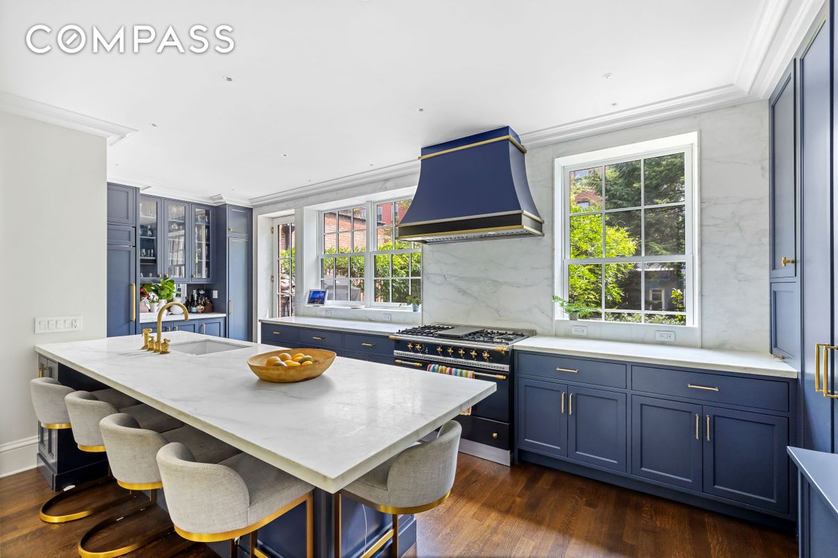 Interior, Kitchen, Marble Walls, Recessed Lighting, Stainless Steel Appliances, Wood Texture Flooring