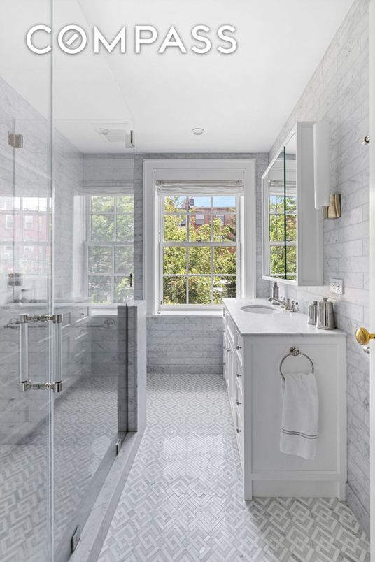 Bathroom, Dual Sink Vanities, Glass Shower, Interior, Marble Walls, Recessed Lighting