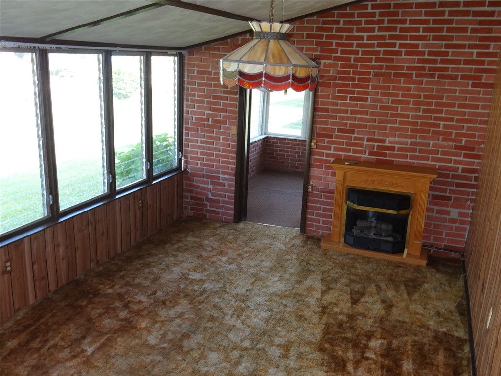 Empty room, Fireplace, Interior, Pendant Lights, Stone Walls