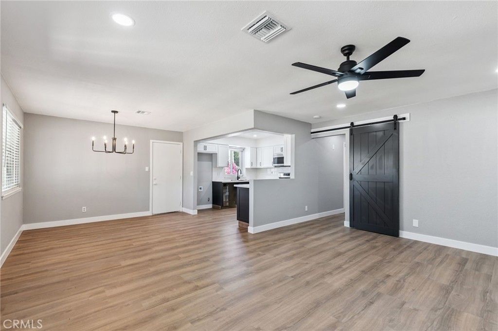 Chandelier, Empty room, Interior, Kitchen, Pendant Lights, Recessed Lighting, Wood Texture Flooring