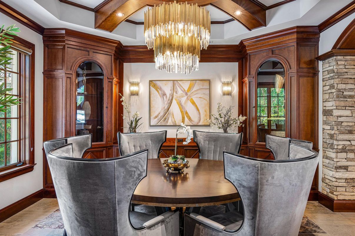 Chandelier, Dining room, Interior, Recessed Lighting, Stone Walls, Wooden Beams
