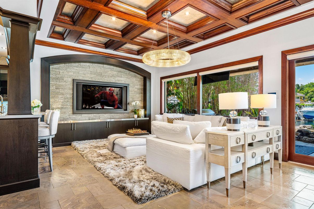 Fireplace, Interior, Living room, Pendant Lights, Wooden Beams