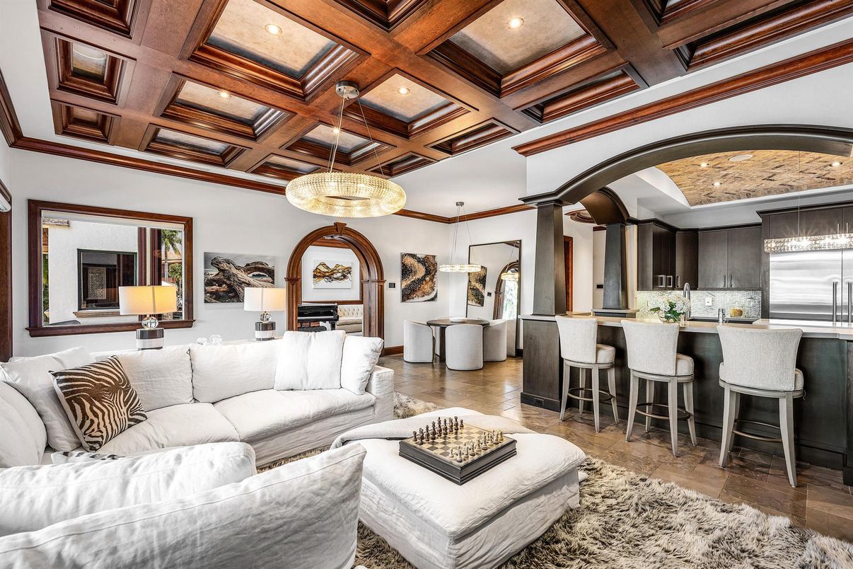 Interior, Kitchen, Living room, Pendant Lights, Recessed Lighting, Stainless Steel Appliances, Wooden Beams, Wood Texture Flooring