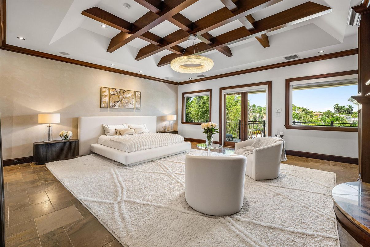 Bedroom, Interior, Pendant Lights, Recessed Lighting, Wooden Beams, Wood Texture Flooring