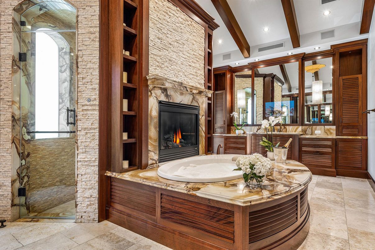 Fireplace, Interior, Recessed Lighting, Stone Walls, Wooden Beams