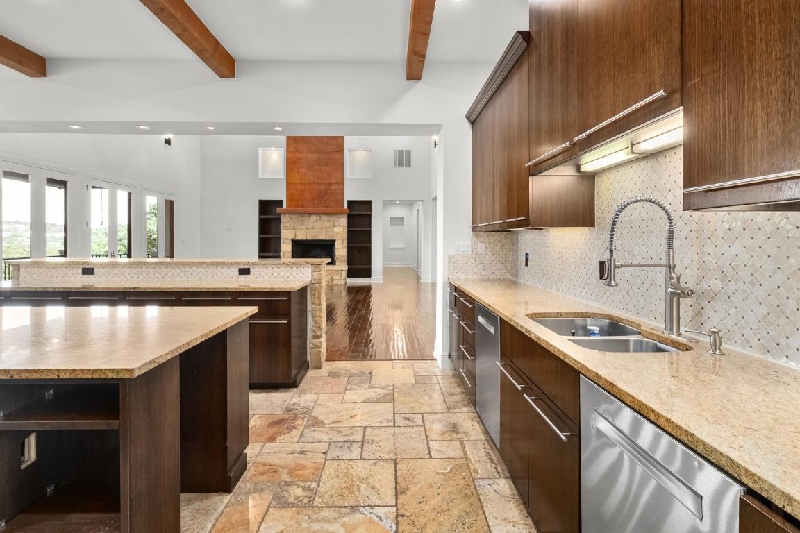 Fireplace, Interior, Kitchen, Recessed Lighting, Stainless Steel Appliances, Wooden Beams, Wood Texture Flooring
