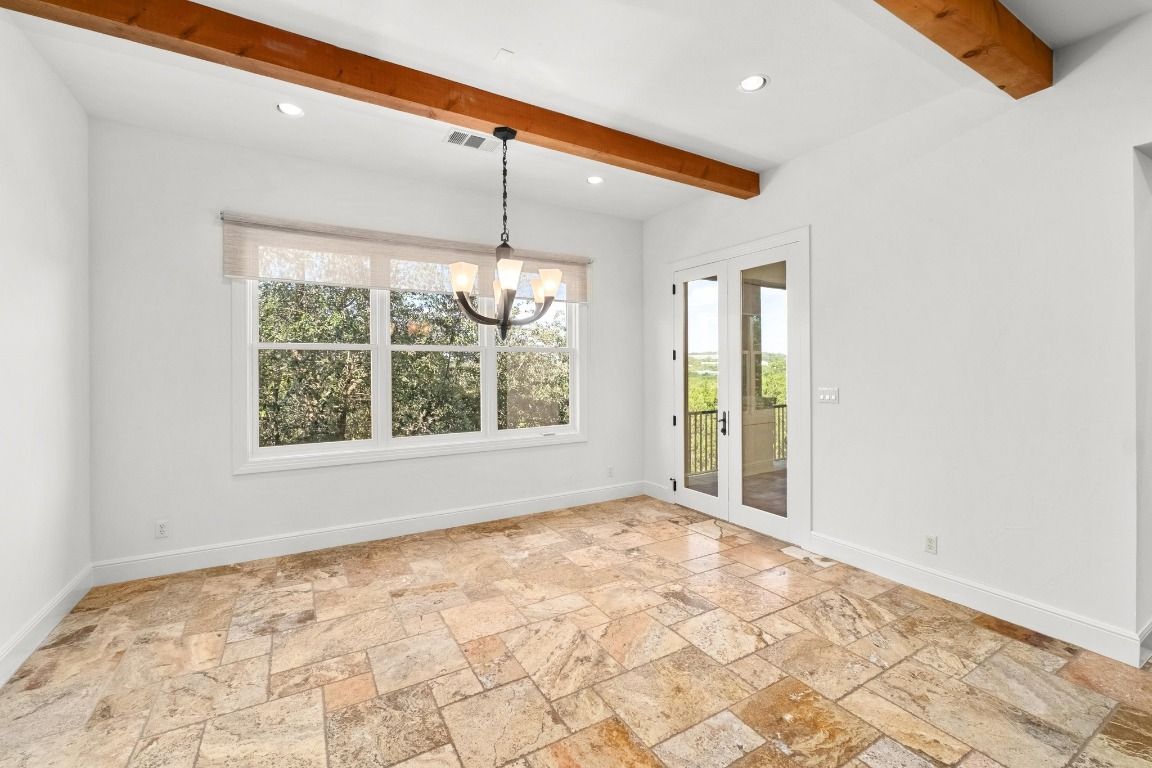 Chandelier, Empty room, Interior, Pendant Lights, Recessed Lighting, Wooden Beams