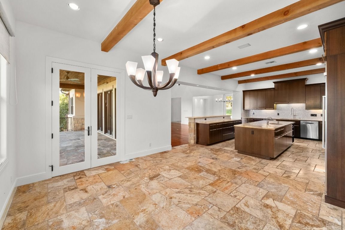 Chandelier, Hot Tub, Interior, Kitchen, Pendant Lights, Recessed Lighting, Stainless Steel Appliances, Wooden Beams